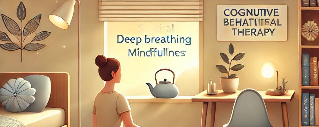 A woman sits calmly in a cozy, softly lit room, practicing mindfulness and deep breathing techniques for social anxiety. A window in front of her displays the words 'Deep breathing' and 'Mindfulness,' while a sign on the wall reads 'Cognitive Behavioral Therapy,' emphasizing therapeutic strategies for managing anxiety. The peaceful setting includes a teapot, candles, and a serene atmosphere, promoting relaxation and self-care