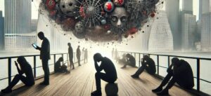 Surreal illustration of isolated people sitting in distress beneath a storm of chaotic faces and symbols, representing the emotional burden of social anxiety