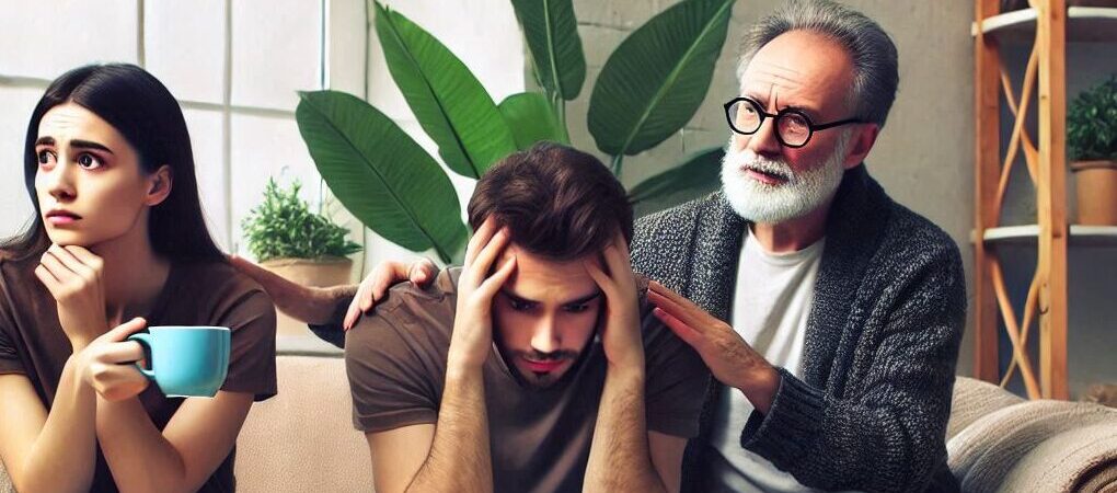 A young man sits on a couch with his head in his hands, visibly distressed, while an older man with a beard gently places a reassuring hand on his shoulder. Beside him, a young woman holding a cup looks away anxiously. The scene captures the emotional struggle of someone experiencing social anxiety, with concern and support from loved ones in an intimate home setting