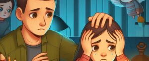 A worried young girl with tears in her eyes clutches her head in distress, while a concerned boy gently places a comforting hand on her head. The dimly lit background adds to the sense of anxiety, with another child watching anxiously from a distance. The image conveys the overwhelming emotions of social anxiety, fear, and the struggle to find reassurance in a stressful situation