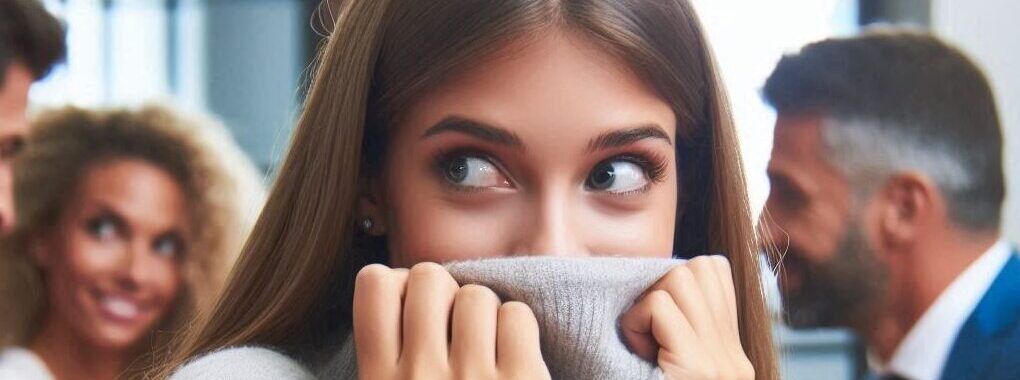 A young woman with long brown hair shyly pulls up the collar of her sweater, partially covering her face. Her wide eyes glance to the side, conveying a sense of nervousness or hesitation. In the blurred background, a group of people is engaged in conversation, emphasizing her social discomfort and shyness in a social setting