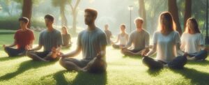 A diverse group of individuals practicing mindfulness meditation outdoors in a serene park setting. The soft sunlight filtering through the trees creates a calming atmosphere, symbolizing the role of meditation in reducing social anxiety and fostering inner peace