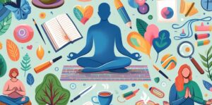 A vibrant and artistic digital illustration representing mindfulness, meditation, and relaxation. The image features individuals practicing meditation, surrounded by symbols of calmness, creativity, and self-care—highlighting the connection between mindfulness and managing social anxiety