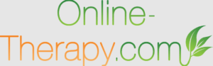 Online-Therapy.com logo featuring calming green and orange colors with a leaf, representing supportive online therapy for social anxiety relief.