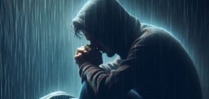 “Lonely man sitting in the rain, symbolizing social anxiety and low self-confidence.” 