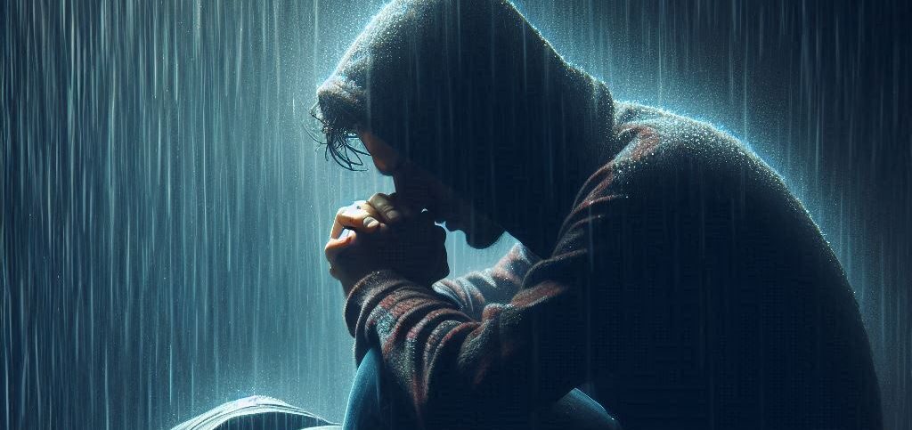 “Lonely man sitting in the rain, symbolizing social anxiety and low self-confidence.”