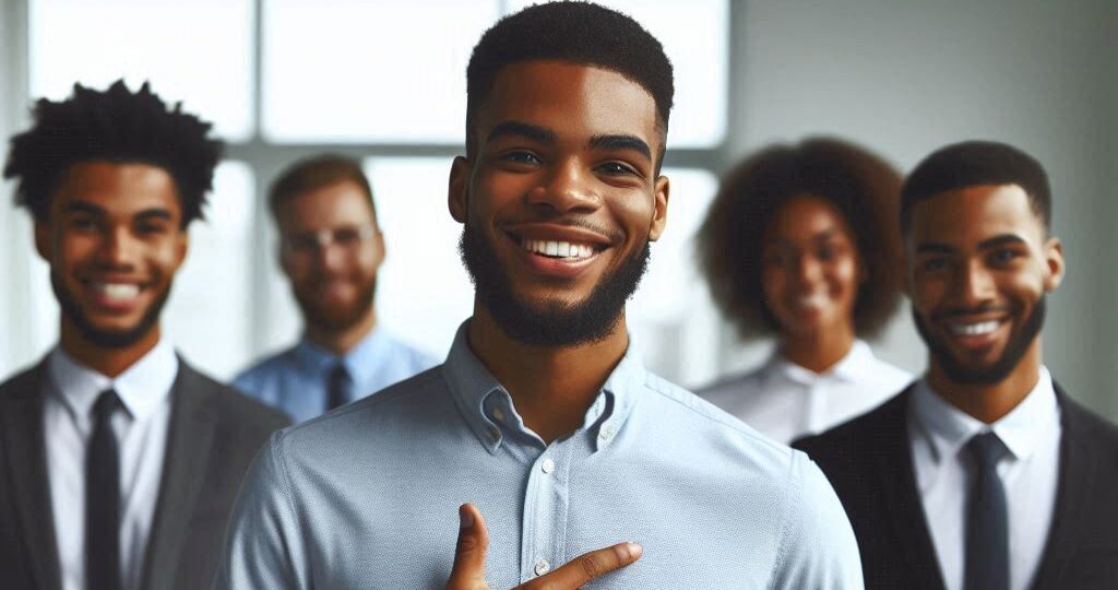 A group of confident professionals smiling and posing together, with one man in the foreground pointing to himself proudly, showcasing a sense of confidence and teamwork