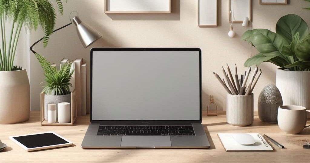 "Minimalist work desk with plants and a laptop, creating a peaceful and calming environment for people with social anxiety."