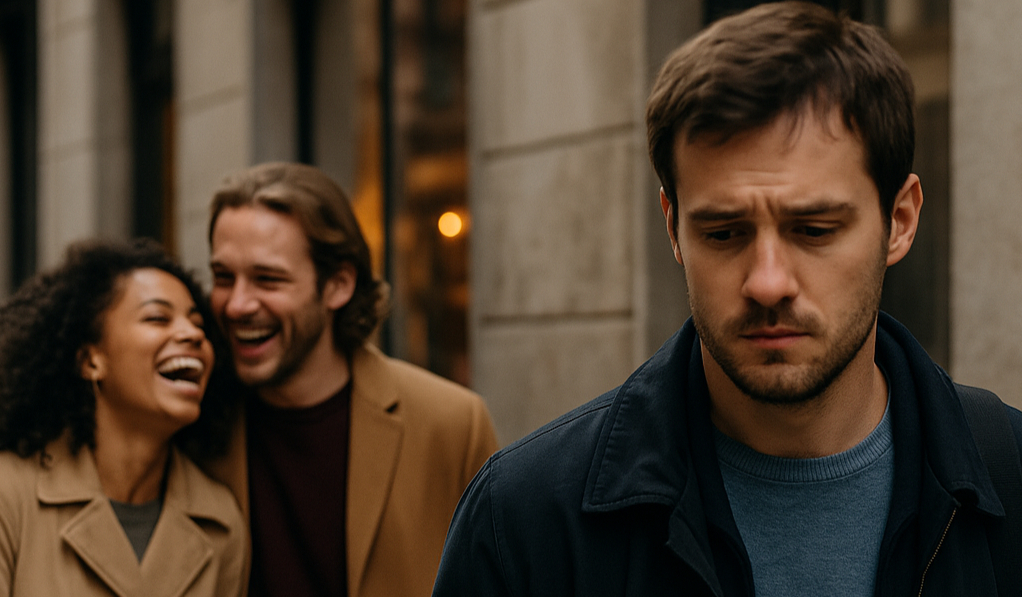 A person walking past a laughing couple on a busy street, looking down and withdrawn—capturing the quiet pain of social anxiety and feeling out of place in a world that seems connected.