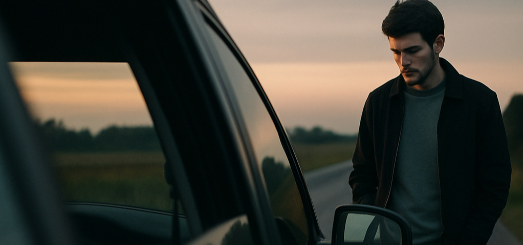 A solitary young man stands beside an open car window on a quiet roadside, lost in thought—symbolizing a fleeting moment of opportunity and the inner choice to act before it passes.